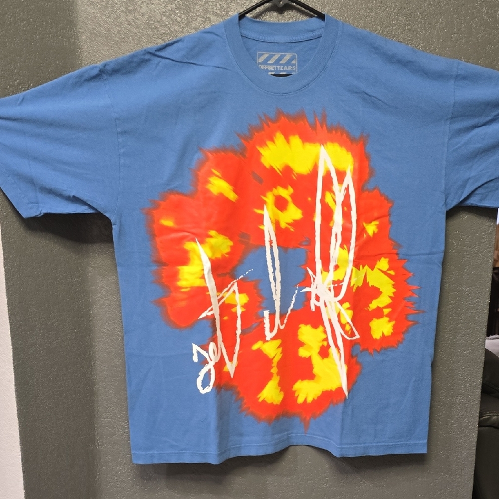 Blue Graphic Tee with Orange and Yellow Design